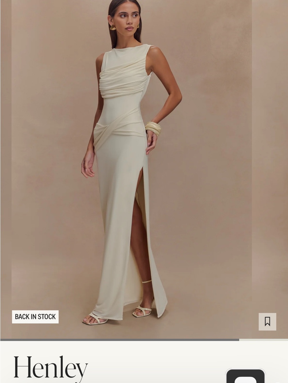 Meshki Henley Cream Draped High-Slit Maxi Dress